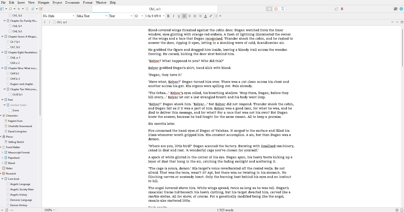Scrivener's main editor view with the binder sidebar open on a sample novel project